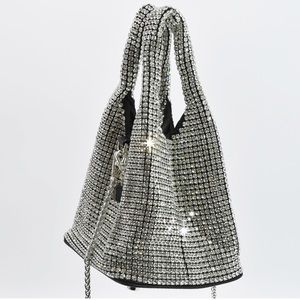 Diamond Crystal Mini Bucket Bag w/Stainless Steel Crossbody Chain